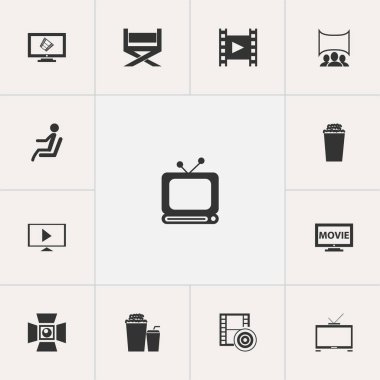 13 düzenlenebilir filme simgeler kümesi. Başlangıç Video, yayın, içki ve diğer gibi simgeler içerir. Web, mobil, UI ve Infographic tasarımı için kullanılabilir.