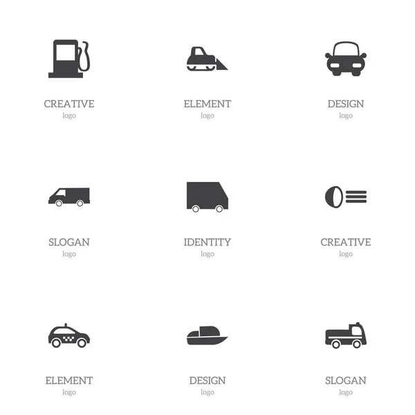 Zestaw 9 ikon edycji transportu. Zawiera symbole, takie jak motoryzacja, paliwa, Cab i innych. Mogą być używane dla sieci Web, mobilnych, interfejsu użytkownika i Infographic Design. — Wektor stockowy