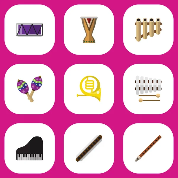 Set de 9 iconos planos de sonido editables. Incluye símbolos como Fife, oboe, palos y más. Puede ser utilizado para el diseño de la tela, móvil, interfaz de usuario e infografía . — Vector de stock