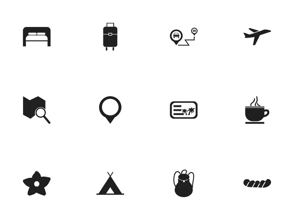 Set van 12 bewerkbare reis iconen. Bevat symbolen zoals Gps, Ontbijt, slapen gaan en meer. Kan worden gebruikt voor Web, Mobile, Ui en Infographic Design. — Stockvector
