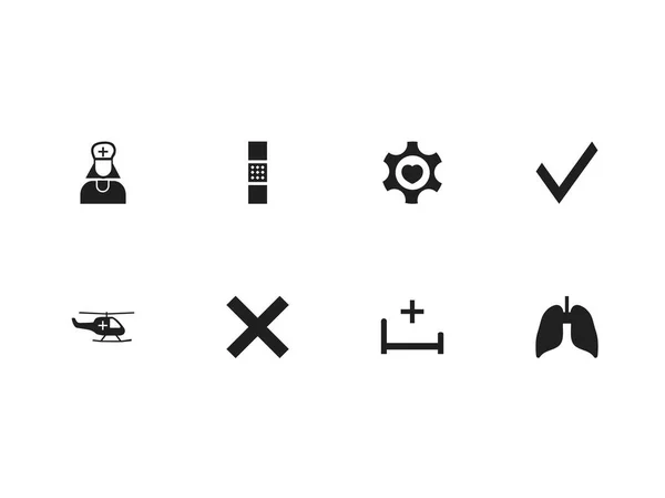 Набор из 8 настольных больничных иконок. Включает такие символы, как Марк, ассистент в больнице, Wound Band. Can be used for Web, Mobile, UI and Infographic Design . — стоковый вектор