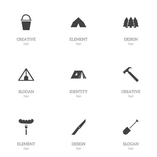 Zestaw 9 edycji ikon Camping. Zawiera symbole, takie jak wiadro, Szpadel, Tepee i więcej. Mogą być używane dla sieci Web, mobilnych, interfejsu użytkownika i Infographic Design. — Wektor stockowy