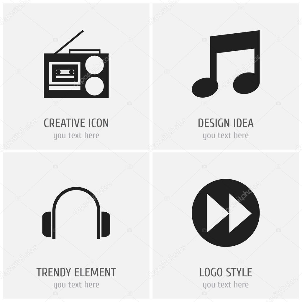 Set Of 4 Editable Multimedia Icons. Includes Symbols Such As Cassette Player, Music, Ahead And More. Can Be Used For Web, Mobile, UI And Infographic Design.