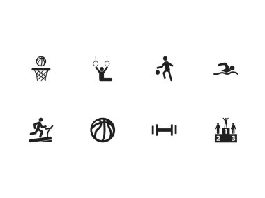 8 düzenlenebilir yaşam tarzı simgeler kümesi. Sporcu, Basket oynamak gibi basketbol ve diğer simgeler içerir. Web, mobil, UI ve Infographic tasarımı için kullanılabilir.