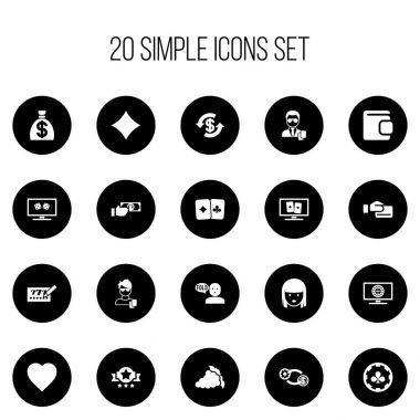 20 düzenlenebilir kumar simgeler kümesi. Tavla, Exchange, kart çift ve daha fazlası gibi simgeler içerir. Web, mobil, UI ve Infographic tasarımı için kullanılabilir.