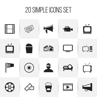 20 düzenlenebilir filme simgeler kümesi. Görüntü birimi, Video kamera, Tv ve daha fazlası gibi simgeler içerir. Web, mobil, UI ve Infographic tasarımı için kullanılabilir.