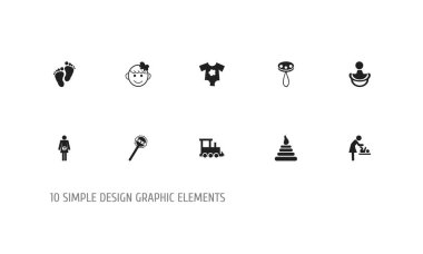 10 düzenlenebilir bebek simgeler kümesi. Küçük elbiseler, kule, demiryolu ve daha fazlası gibi simgeler içerir. Web, mobil, UI ve Infographic tasarımı için kullanılabilir.