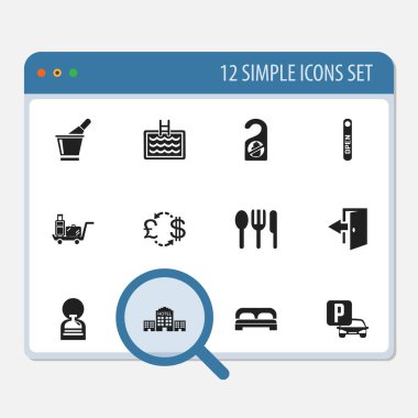 12 düzenlenebilir Hotel simgeler kümesi. Konsiyerj, turizm, Restoran ve daha fazla gibi simgeler içerir. Web, mobil, UI ve Infographic tasarımı için kullanılabilir.