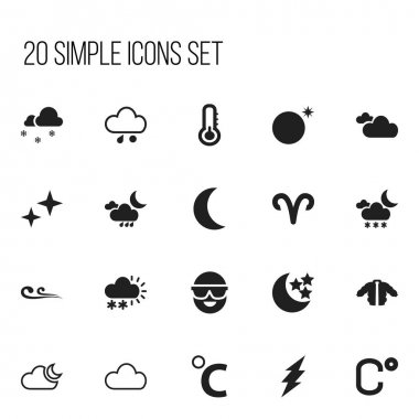 20 düzenlenebilir hava simgeler kümesi. Güneş gözlüğü, kar, santigrat ve daha fazlası ile kaplı gibi simgeler içerir. Web, mobil, UI ve Infographic tasarımı için kullanılabilir.