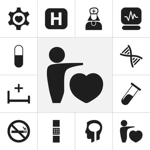 12 編集可能な病院のアイコンのセットです。人間愛、パルス、傷バンドなどのシンボルが含まれます。ウェブ、モバイル、Ui とインフォ グラフィック デザインに使用することができます。. — ストックベクタ