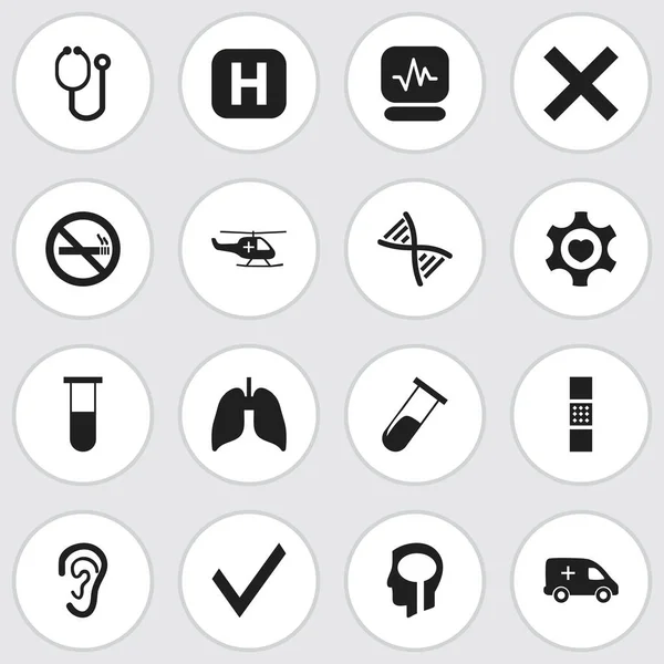 16 düzenlenebilir klinik simgeler kümesi. Dinle, yara bandı, analiz konteyner gibi simgeler içerir. Web, mobil, UI ve Infographic tasarımı için kullanılabilir.