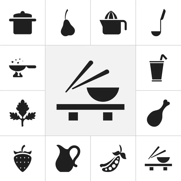 Conjunto de 12 iconos de comidas editables. Incluye símbolos como el Cusine asiático, hierbas, guisantes y más. Puede ser utilizado para el diseño de la tela, móvil, interfaz de usuario e infografía . — Vector de stock