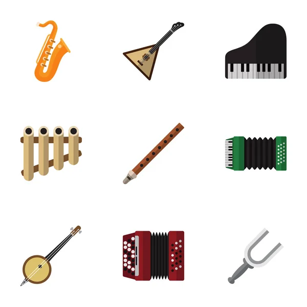 Set de 9 iconos planos multimedia editables. Incluye símbolos tales como instrumento, cuerdas, rango y más. Puede ser utilizado para el diseño de la tela, móvil, interfaz de usuario e infografía . — Archivo Imágenes Vectoriales