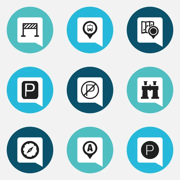 Uppsättning av 9 redigerbara riktning ikoner. Innehåller symboler som gatan konstruktion, Spyglass, bil läge och mer. Kan användas för webb-, mobil-, Ui- och Infographic Design. — Stock vektor