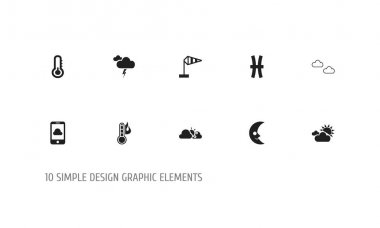 10 düzenlenebilir hava simgeler kümesi. Gün batımı, gülümseme ay, telefon ve daha fazlası gibi simgeler içerir. Web, mobil, UI ve Infographic tasarımı için kullanılabilir.