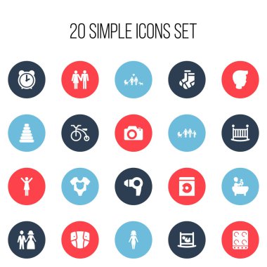 20 düzenlenebilir aile simgeler kümesi. Ocak, saat, Bebek bezi ve daha fazlası gibi simgeler içerir. Web, mobil, UI ve Infographic tasarımı için kullanılabilir.