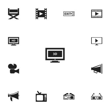 13 düzenlenebilir sinema simgeler kümesi. Bullhorn, video kamera, 3d gözlük ve daha fazlası gibi simgeler içerir. Web, mobil, UI ve Infographic tasarımı için kullanılabilir.