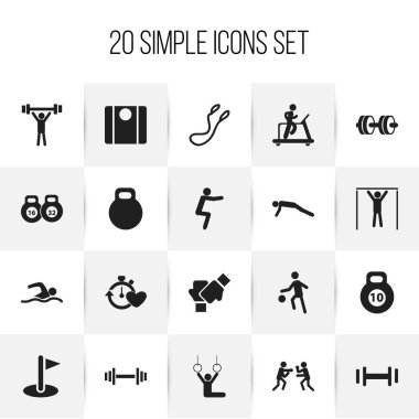 20 düzenlenebilir sağlıklı simgeler kümesi. Atlama eğitimi, kol demiri, dayağı ve daha fazlası gibi simgeler içerir. Web, mobil, UI ve Infographic tasarımı için kullanılabilir.