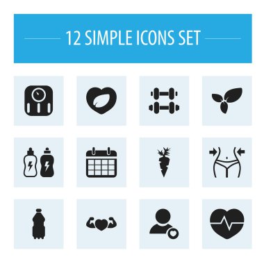 12 düzenlenebilir egzersiz simgeler kümesi. El Barbell, güçlü sevgi, kök sebze gibi simgeler içerir. Web, mobil, UI ve Infographic tasarımı için kullanılabilir.