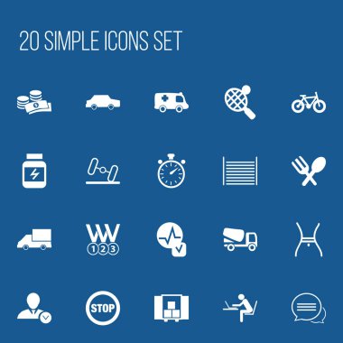 20 düzenlenebilir karışık simgeler kümesi. Araba, mesajlaşma, boş ve daha fazlası gibi simgeler içerir. Web, mobil, UI ve Infographic tasarımı için kullanılabilir.