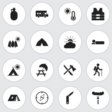 16 düzenlenebilir kamp simgeler kümesi. Barınak, tezgah, sürahi ve daha fazlası gibi simgeler içerir. Web, mobil, UI ve Infographic tasarımı için kullanılabilir.