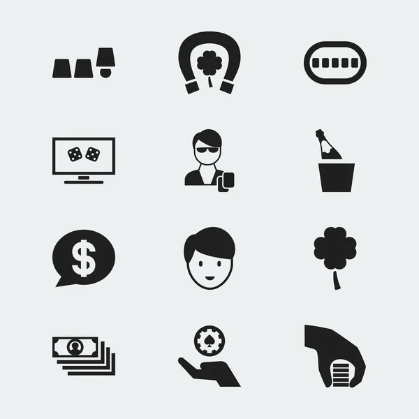 Set di 12 icone di eccitazione modificabili. Include simboli come ferro di cavallo con trifoglio, mazzo di poker, sicurezza e altro ancora. Può essere utilizzato per la progettazione web, mobile, UI e infografica . — Vettoriale Stock