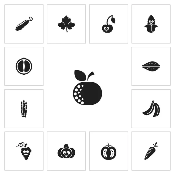 Set de 13 iconos de utensilios de cocina editables. Incluye símbolos como rebanada de naranja, medio tomate, almendra y más. Puede ser utilizado para el diseño de la tela, móvil, interfaz de usuario e infografía . — Vector de stock