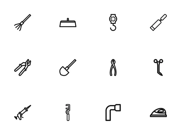 Set Of 12 Editable Equipment Outline Icons. Includes Symbols Such As Shovel, Key, Appliance And More. Can Be Used For Web, Mobile, UI And Infographic Design. — Stock Vector