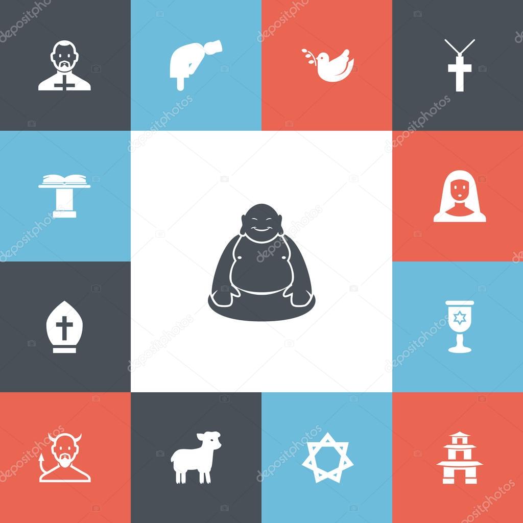 Set Of 13 Editable Religion Icons. Includes Symbols Such As Pigeon, Feng ShUI, Hexagram And More. Can Be Used For Web, Mobile, UI And Infographic Design.