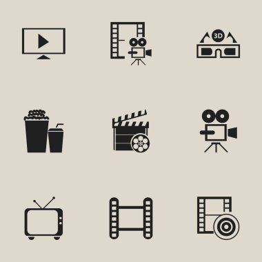 9 düzenlenebilir sinema simgeler kümesi. Televizyon, film şeridi, film aksiyon ve daha fazlası gibi simgeler içerir. Web, mobil, UI ve Infographic tasarımı için kullanılabilir.