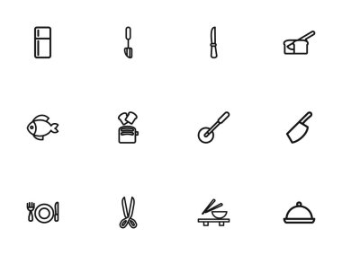 12 düzenlenebilir pişirme anahat simgeler kümesi. Set, makası, Pizza Blade ve daha fazlası gibi simgeler içerir. Web, mobil, UI ve Infographic tasarımı için kullanılabilir.