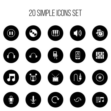 20 düzenlenebilir Mp3 simgeler kümesi. Kulaklık, yenileme, müzik aleti ve daha fazlası gibi simgeler içerir. Web, mobil, UI ve Infographic tasarımı için kullanılabilir.