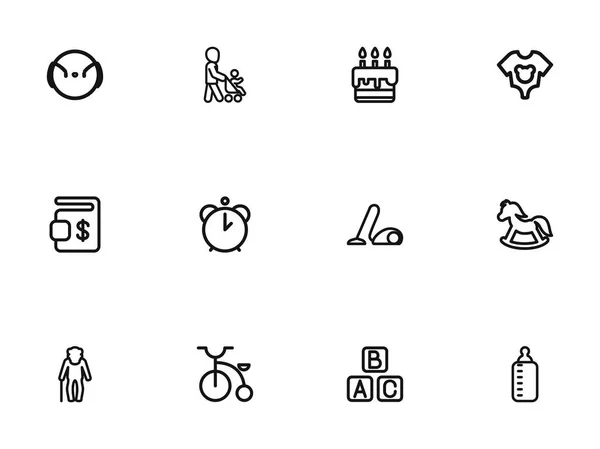 Conjunto de 12 iconos de contorno familiar editables. Incluye símbolos como abuelo, pony, velocipede. Puede ser utilizado para el diseño de la tela, móvil, interfaz de usuario e infografía . — Vector de stock