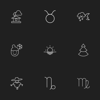 9 düzenlenebilir hava anahat simgeleri ayarlayın. Boğa, Bugbear, balıklar ve daha fazlası gibi simgeler içerir. Web, mobil, UI ve Infographic tasarımı için kullanılabilir.