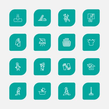 16 düzenlenebilir Temizleme anahat simgeleri ayarlayın. Kadın, pencere gibi simgeler içerir süpürge, hizmetçi ve daha fazlası. Web, mobil, UI ve Infographic tasarımı için kullanılabilir.