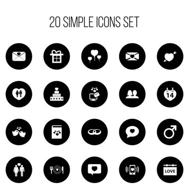 20 düzenlenebilir Amour simgeler kümesi. Evlilik, yönetim kurulu, aşık ve daha fazlası gibi simgeler içerir. Web, mobil, UI ve Infographic tasarımı için kullanılabilir.