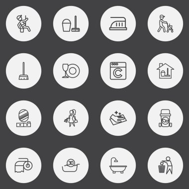 16 düzenlenebilir temizlik anahat simgeleri ayarlayın. Çamaşırhanede, yemekler, pencere gibi simgeler içerir süpürge ve daha fazlası. Web, mobil, UI ve Infographic tasarımı için kullanılabilir.