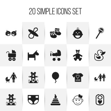 20 düzenlenebilir çocuk simgeler kümesi. Bebek bezi, Aile, taşıma ve daha fazlası gibi simgeler içerir. Web, mobil, UI ve Infographic tasarımı için kullanılabilir.
