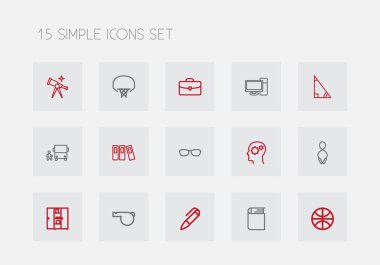 15 kümesi düzenlenebilir anahat simgeleri öğretmek. Ansiklopedi, kapsam, dişli ve daha fazlası gibi simgeler içerir. Web, mobil, UI ve Infographic tasarımı için kullanılabilir.