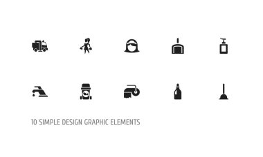 10 düzenlenebilir temizlik simgeler kümesi. Kepçe, çamaşır deterjanı, el dezenfektanı gibi simgeler içerir. Web, mobil, UI ve Infographic tasarımı için kullanılabilir.