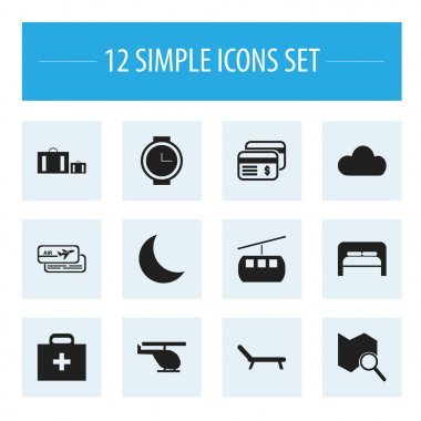 12 düzenlenebilir seyahat simgeler kümesi. Helikopter, biniş, güneşlenme gibi sembolleri ve daha fazlasını içerir. Web, mobil, UI ve Infographic tasarımı için kullanılabilir.