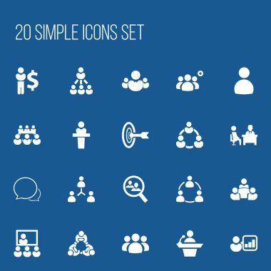 20 düzenlenebilir takım simgeler kümesi. Tartışma, ortaklık, tanıtım ve daha fazlası gibi simgeler içerir. Web, mobil, UI ve Infographic tasarımı için kullanılabilir.