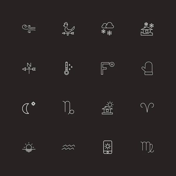 Conjunto de 16 iconos de contorno de aire editables. Incluye símbolos como brisa, dirección de brisa, medianoche y más. Puede ser utilizado para el diseño de la tela, móvil, interfaz de usuario e infografía . — Vector de stock