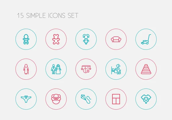 Sada 15 upravitelné rodinné osnovy ikon. Obsahuje symboly, například trávy, řezací stroj, Canape, dědečku. Lze použít pro webové, mobilní, Ui a infografika Design. — Stockový vektor