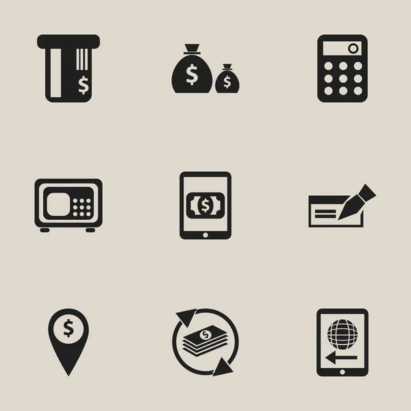 Set Of 9 Editable Financial Icons. Includes Symbols Such As Treasure, Exchange Center, Calculator And More. Can Be Used For Web, Mobile, UI And Infographic Design. — Stock Vector