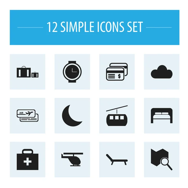Conjunto de 12 iconos de viaje editables. Incluye símbolos como helicóptero, tarjeta de embarque, tomar el sol y más. Puede ser utilizado para el diseño de la tela, móvil, interfaz de usuario e infografía . — Vector de stock