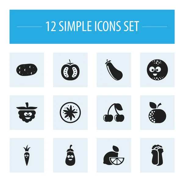 12可编辑炊具图标集。包括茄子, 茄子, 半西红柿和更多的符号。可用于 Web、移动、Ui 和信息设计. — 图库矢量图片