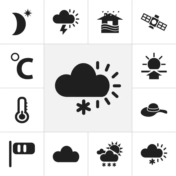 Set Of 12 Editable Air Icons. Includes Symbols Such As Sputnik, Sunup, Snowy Weather And More. Can Be Used For Web, Mobile, UI And Infographic Design. — Stock Vector