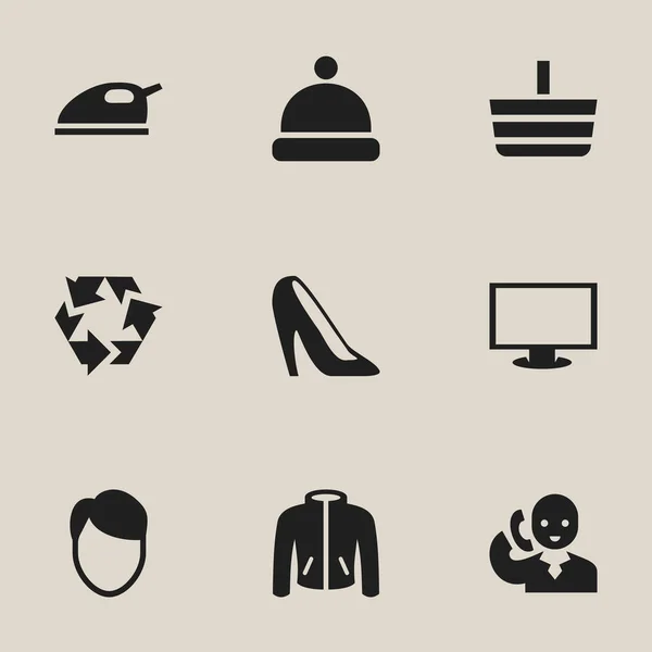 Set von 9 editierbaren Business-Icons. beinhaltet Symbole wie Monitor, Kleidung, Dampfbügeleisen und mehr. kann für Web-, Mobil-, UI- und Infografik-Design verwendet werden. — Stockvektor