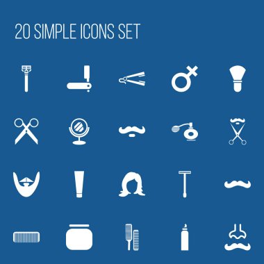 20 düzenlenebilir berber simgeler kümesi. Deodorant, jilet, köpük ve daha fazlası gibi simgeler içerir. Web, mobil, UI ve Infographic tasarımı için kullanılabilir.